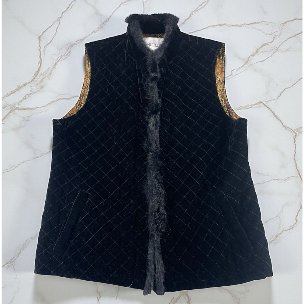 Chico's Black Quilted Velvet Rabbit Fur Trim Vest Womens Sz 1 (M) Brocade Lined